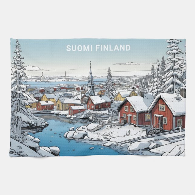 Anpassningsbar Text Finland Winter Illustration Kökshandduk (Horisontell)