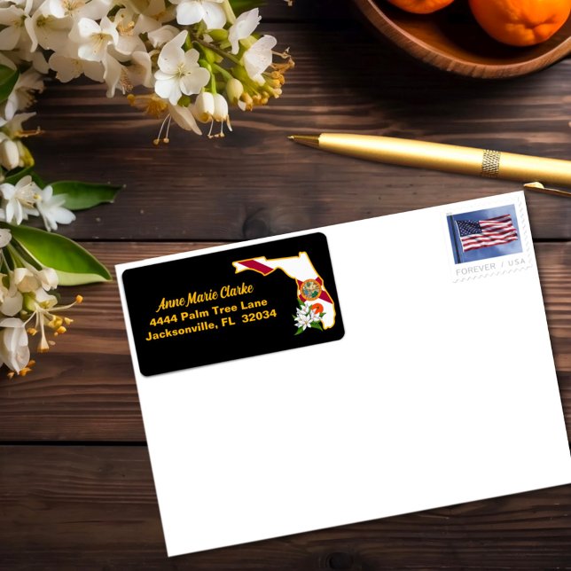 Anpassningsbar Text Florida Flagga & Flower Orange Adressetikett (Skapare uppladdad)