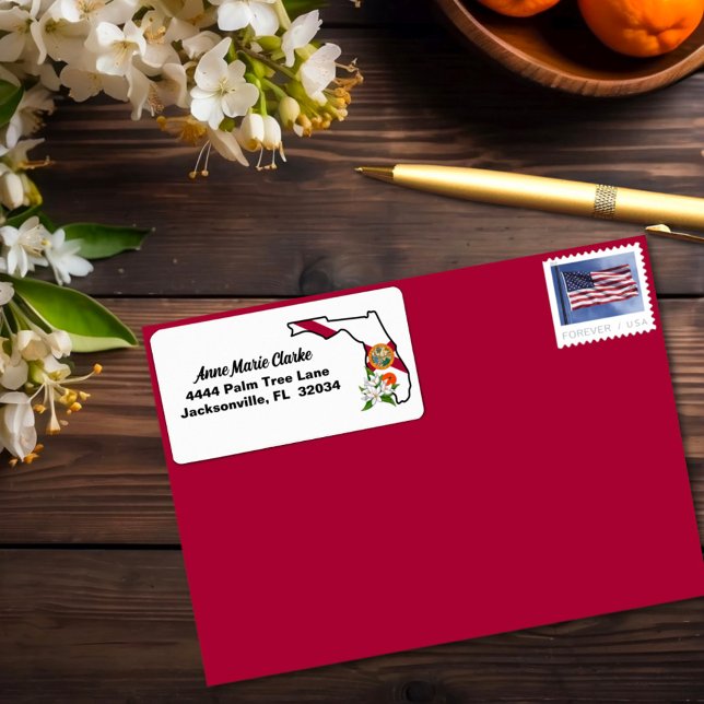 Anpassningsbar Text Florida Flagga & Flower Orange Adressetikett (Skapare uppladdad)