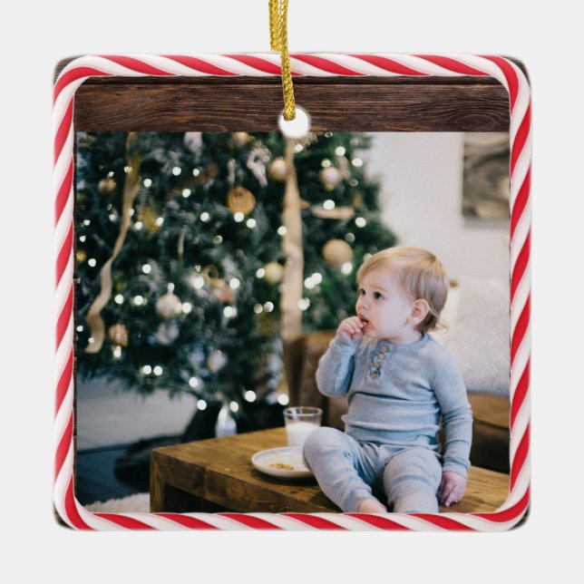 Anpassningsbar Text/Fotojulgodis Wood Mönster Julgransprydnad Keramik (Framsida)