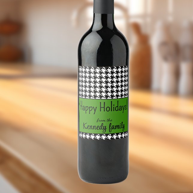 Anpassningsbar Text, Glad helg Grönt Houndstooth ( Vinflaska Etikett (Skapare uppladdad)