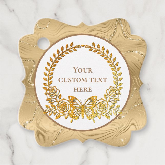 Anpassningsbar Text, Guld Butterfly och Flower Gåvor Etiketter (Framsida)