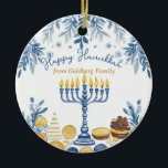 Anpassningsbar text Hanukkah Harmony Keepsaky Julgransprydnad Keramik<br><div class="desc">Denna charmerande hanukkah-keramiska cirkelprydnad, kallad "Hanukkah Harmony Keepsaké", är ett härligt tillägg till varje helgdag dekoration. På framsidan finns en elegant-menorah med lysande ljus, omgiven av intricate blue och guld mönster av löv och mynt, vilket framkallar hanukkahs festiva anda. Det fina skriptet "Lycklig Hanukkah" överst ger en känslofull beröring, medan...</div>