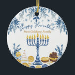 Anpassningsbar text Hanukkah Harmony Keepsaky Julgransprydnad Keramik<br><div class="desc">Denna charmerande hanukkah-keramiska cirkelprydnad, kallad "Hanukkah Harmony Keepsaké", är ett härligt tillägg till varje helgdag dekoration. På framsidan finns en elegant-menorah med lysande ljus, omgiven av intricate blue och guld mönster av löv och mynt, vilket framkallar hanukkahs festiva anda. Det fina skriptet "Lycklig Hanukkah" överst ger en känslofull beröring, medan...</div>