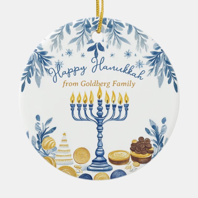 Anpassningsbar text Hanukkah Harmony Keepsaky Julgransprydnad Keramik (Framsidan)