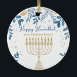 Anpassningsbar text Hanukkah Harmony Ornament<br><div class="desc">Denna vackra hanukkah-keramiska cirkelprydnad, kallad "Hanukkah Harmony Ornament", är ett perfekt som kompletterar din helgdag-dekoration. Den har en vackert utformad menorah med glödande ljus, som ställs mot en djup blå bakgrund och som är försedd med mönster i löv och mynt i blå och guld nyans. Elegantens skript "Lycklig Hanukkah" överst...</div>