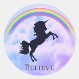 Anpassningsbar Text Magic Unicorn Lila Clouds Rain Runt Klistermärke