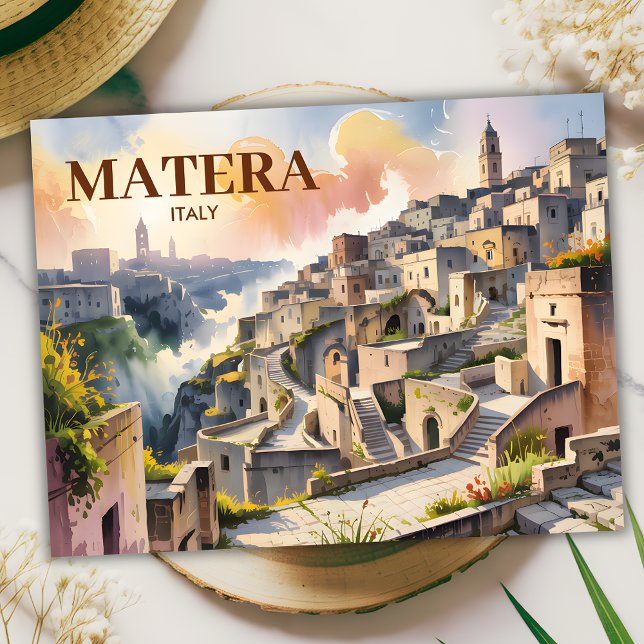 Anpassningsbar Text Matera Italien Travel Sassi di Vykort (Matera Italy Watercolor Postcard)