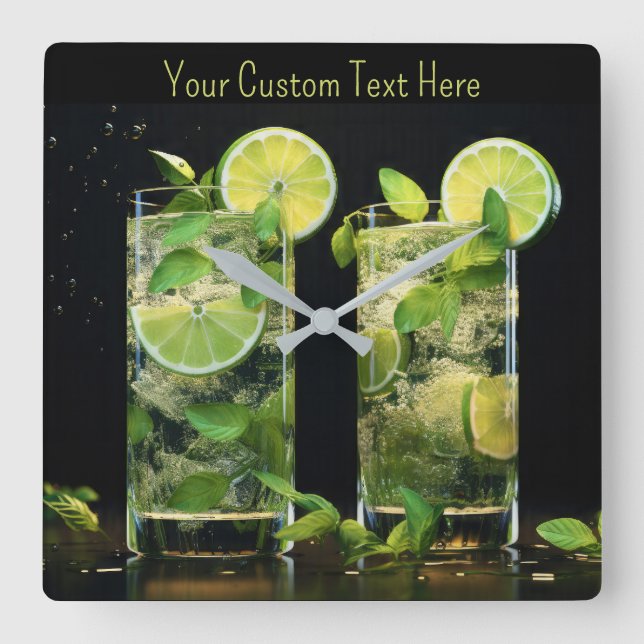 Anpassningsbar Text Mojito Cocktails Fyrkantig Klocka (Framsida)