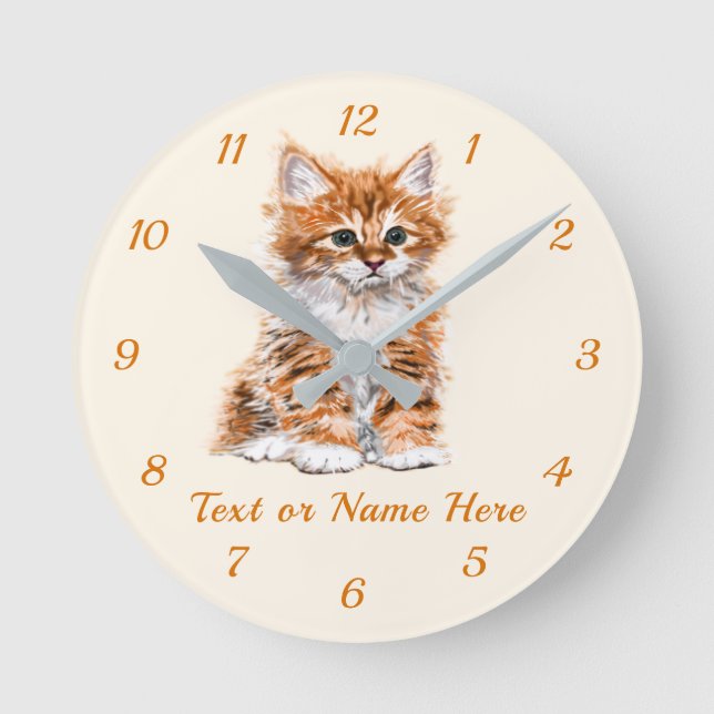 Anpassningsbar Text Namn Wall Clock - Little Kitte Rund Klocka (Framsida)