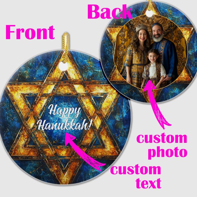 Anpassningsbar text och foto Lycklig Hanukkah, Dav Julgransprydnad Keramik (Custom text & photo Happy Hanukkah, Star of David Ceramic Ornament)