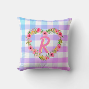 Anpassningsbar Text/ Pastel Gingham Blommigt Hjärt Kudde