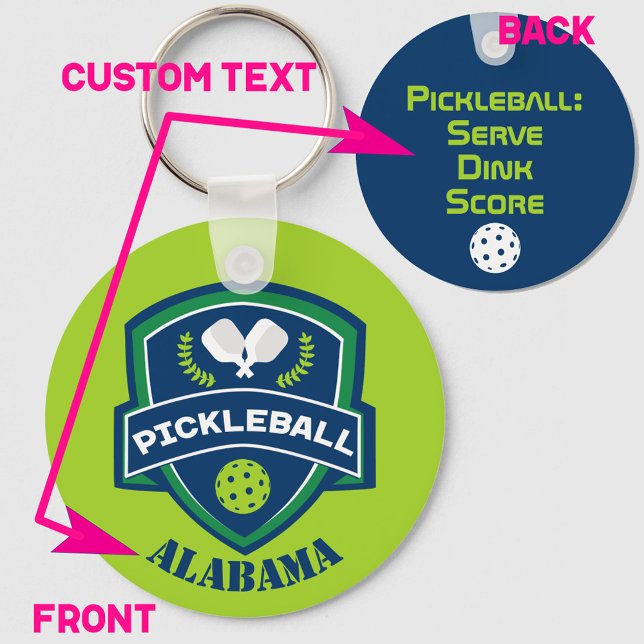 Anpassningsbar text Pickleball 2-sidig Nyckelring (Green and navy blue pickleball keyring with 2 sided custom text. Great as gift for pickleball player)