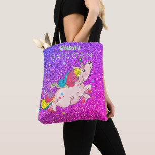Anpassningsbar Text/ Rainbow Kawaii Unicorn Glitte Tygkasse