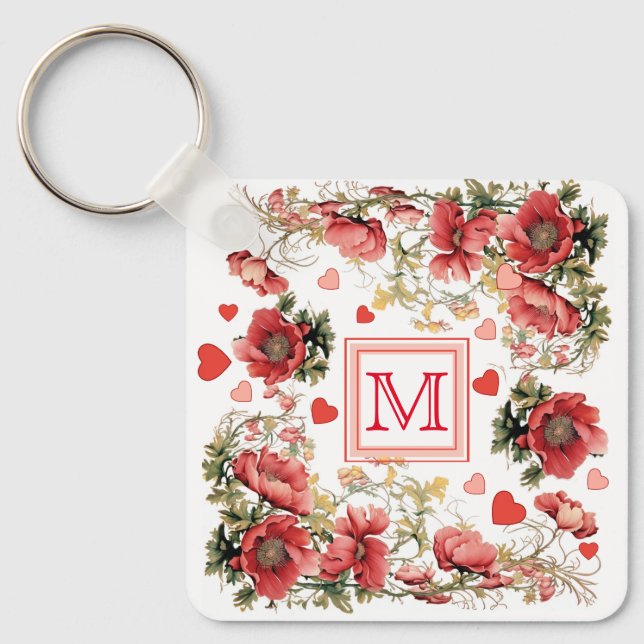 Anpassningsbar Text Romantisk Rosa Poppies and Hea Nyckelring (Framsida)