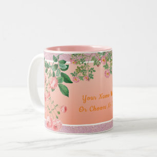 Anpassningsbar Text/Rosa Glitter Vår Blommigt Flow Två-Tonad Mugg