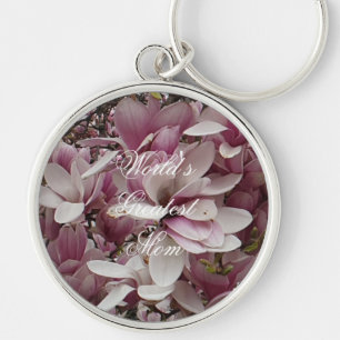 Anpassningsbar Text Rosa Magnolia Flower Blommigt Rund Silverfärgad Nyckelring
