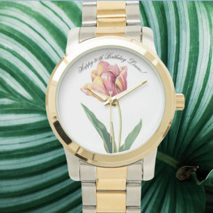 Anpassningsbar(Text) Rosa och Gult Tulip Watercolo Armbandsur