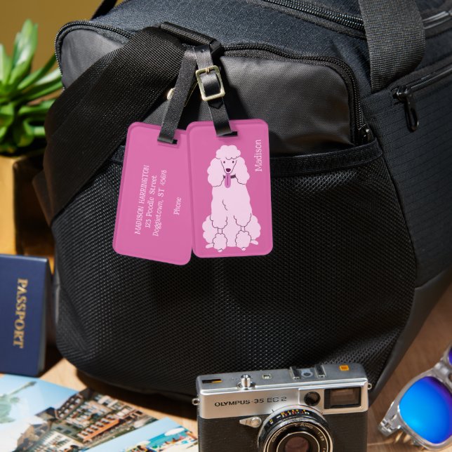 Anpassningsbar Text Rosa Pudel Bagagebricka (Fram & Baksida)