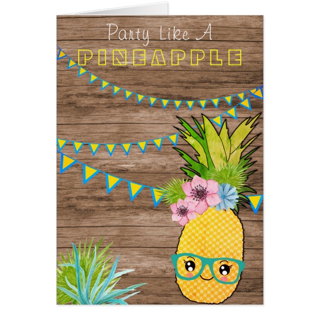 Anpassningsbar Text/Rustic Party Pineapple Kawaii  Hälsningskort (Framsidan)