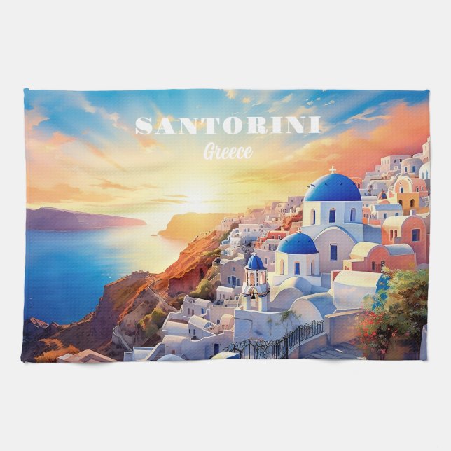 Anpassningsbar Text Santorini Greece Sunset Kökshandduk (Horisontell)