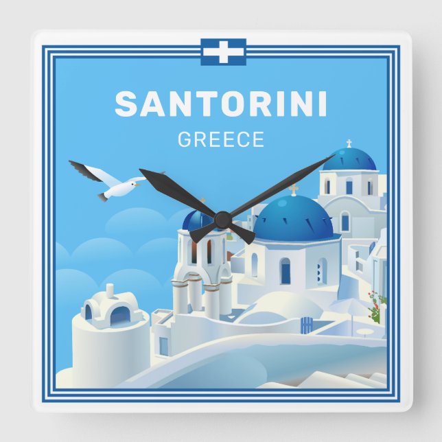 Anpassningsbar Text Santorini Grekland Fyrkantig Klocka (Framsida)