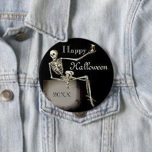 Anpassningsbar Text Skeleton på Grav Happy hallowe Knapp