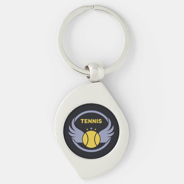 Anpassningsbar Text Tennis Boll med Vingar Swirl Silverfärgad Nyckelring (Framsidan)