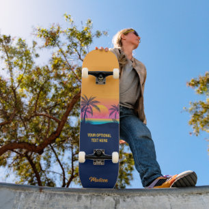 Anpassningsbar Text Tropical Island Sunset Mini Skateboard Bräda 18,5 Cm