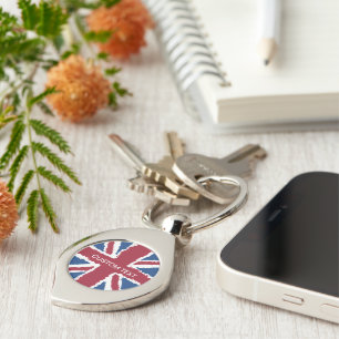 Anpassningsbar Text Union Jack Flagga Art av Heva Swirl Silverfärgad Nyckelring