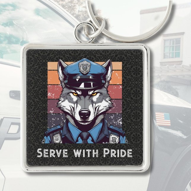 Anpassningsbar Text Varg Gifts for Police Officers Fyrkantig Silverfärgad Nyckelring (Custom Text Wolf Gifts for Police Officers Dad Him)