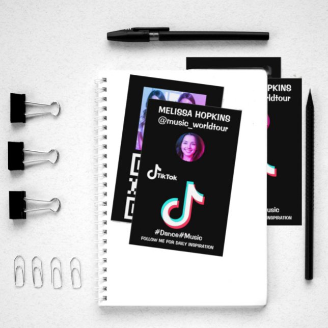 Anpassningsbar tik tok logotyp-profil bild och QR- Visitkort (Tik Tok business card with logo, qr code, photo, and profile picture.)