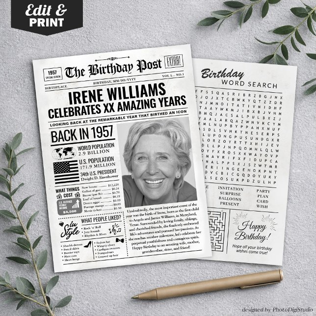 Anpassningsbar tillbaka 1957, dagstidningskort, tr julkort (Custom Back in 1957 Newspaper Birthday Card, Trend Holiday Card)