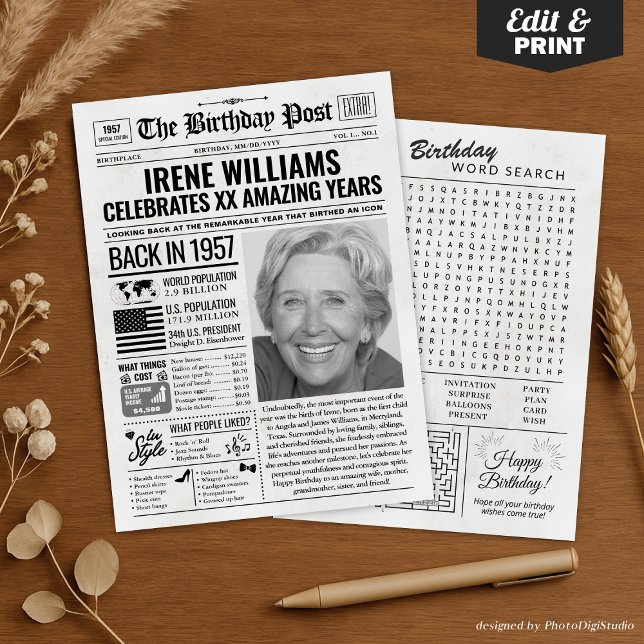 Anpassningsbar tillbaka 1957, dagstidningskort, tr julkort (Custom Back in 1957 Newspaper Birthday Card, Trend Holiday Card)