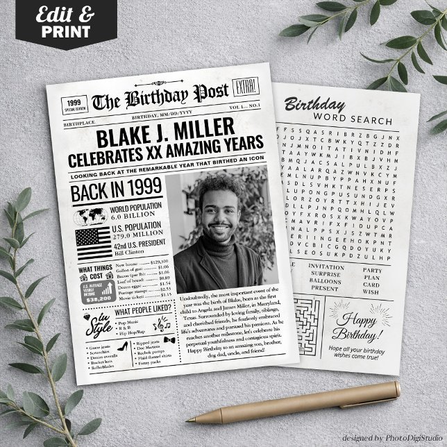 Anpassningsbar tillbaka 1999, dagstidningskort, tr julkort (Custom Back in 1999 Newspaper Birthday Card, Trend Holiday Card)