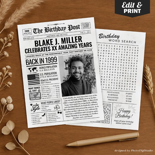 Anpassningsbar tillbaka 1999, dagstidningskort, tr julkort (Custom Back in 1999 Newspaper Birthday Card, Trend Holiday Card)