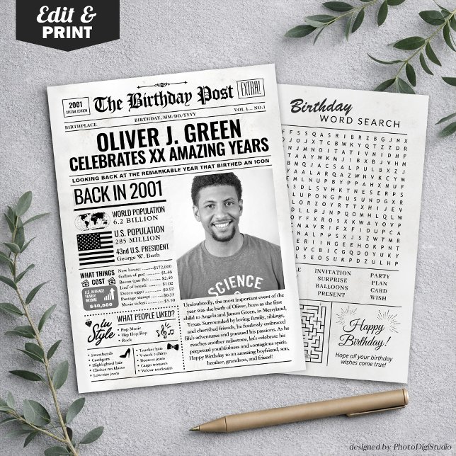 Anpassningsbar tillbaka 2001 Tidningspapper för fö Julkort (Custom Back in 2001 Newspaper Birthday Card, Trend Holiday Card)