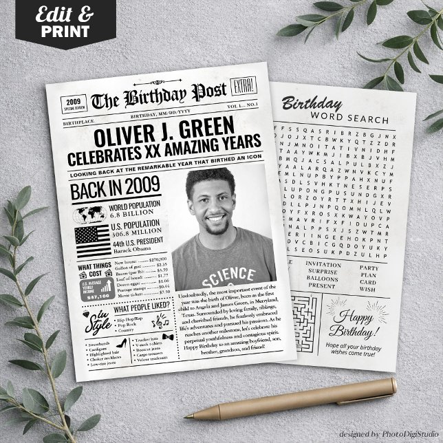 Anpassningsbar tillbaka 2009: Tidningspapper för f Julkort (Custom Back in 2009 Newspaper Birthday Card, Trend Holiday Card)