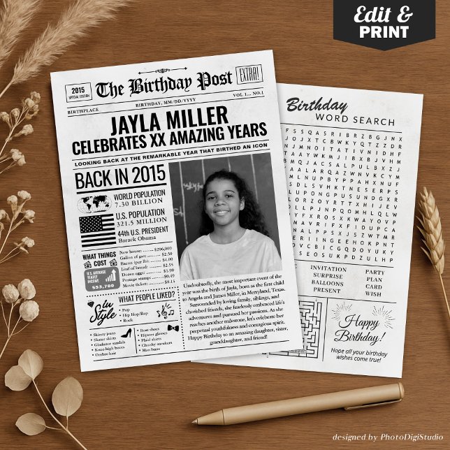 Anpassningsbar tillbaka 2015: Tidningspapper för f Julkort (Custom Back in 2015 Newspaper Birthday Card, Trend Holiday Card)