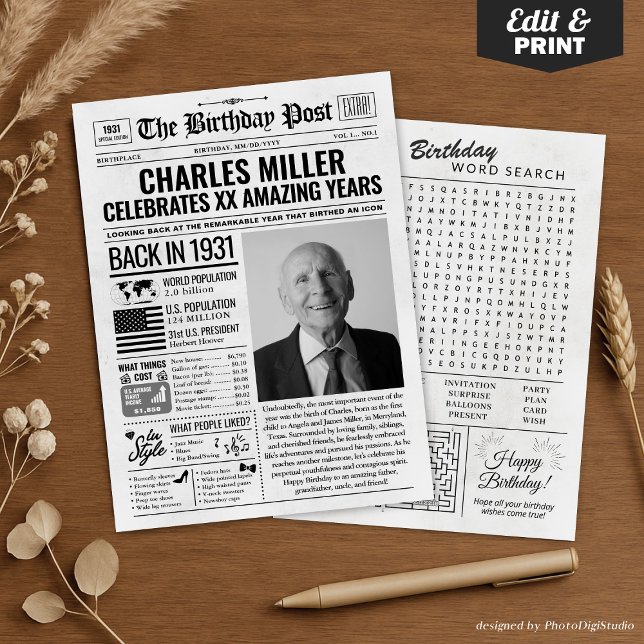 Anpassningsbar tillbaka i 1931 års dagstidskort, t julkort (Custom Back in 1931 Newspaper Birthday Card, Trend Holiday Card)