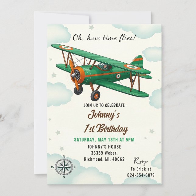 Anpassningsbar Time Flies 1St Birthday party for b Inbjudningar (Framsida)