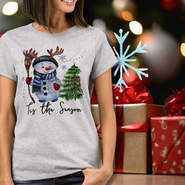 Anpassningsbar "Tis the Season" Antlered Snögubbe T Shirt (Custom Tis the Season Antlered Snowman T-Shirt)
