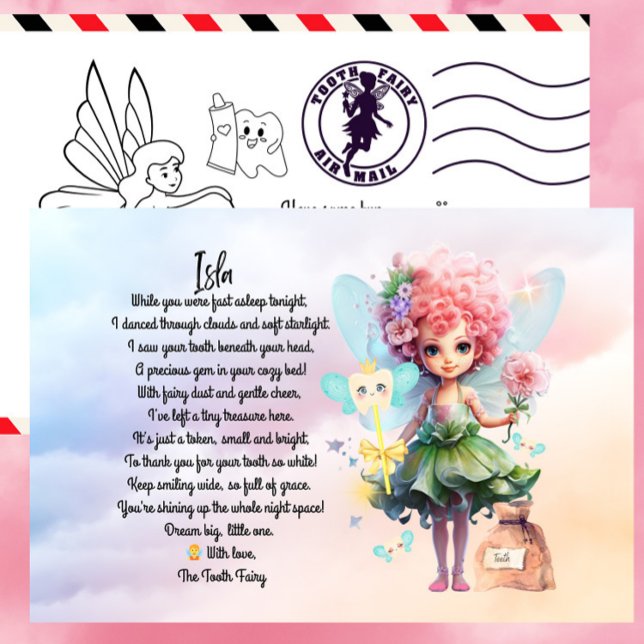 Anpassningsbar Tooth Fairy Postcard För barn Helg Vykort (Personalized Tooth Fairy Post Card With Colouring In Activity on The Back)