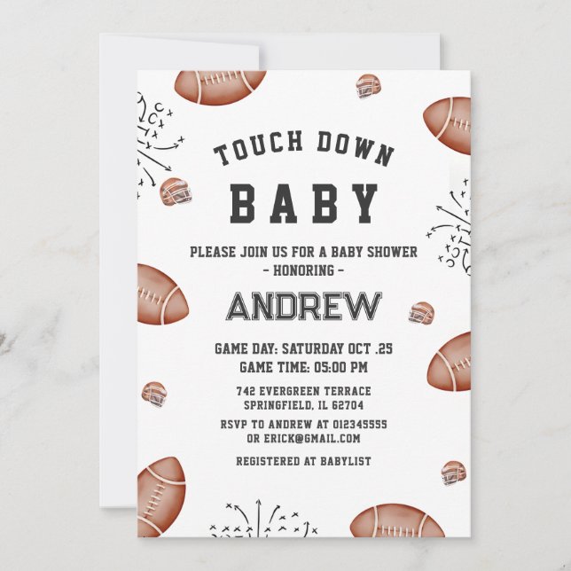Anpassningsbar Touchdown American Football Baby Sh Inbjudningar (Framsida)