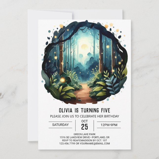 Anpassningsbar Träd Enchanted Woodland Birthday Inbjudningar (Framsida)