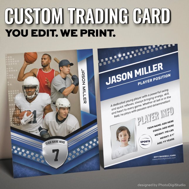 Anpassningsbar Trading Card, Blue Silver Sport Tem (Custom Trading Card Template, All Sport Trading Card, Modern Blue Silver Design for All Sports)