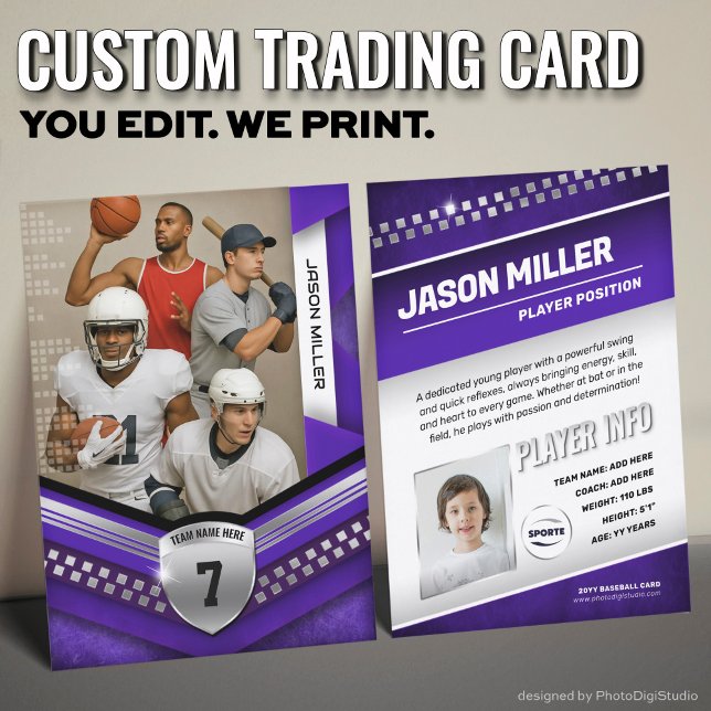 Anpassningsbar Trading Card, Lila Silver Sport Tem (Custom Trading Card Template, All Sport Trading Card, Modern Purple Silver Design for All Sports)