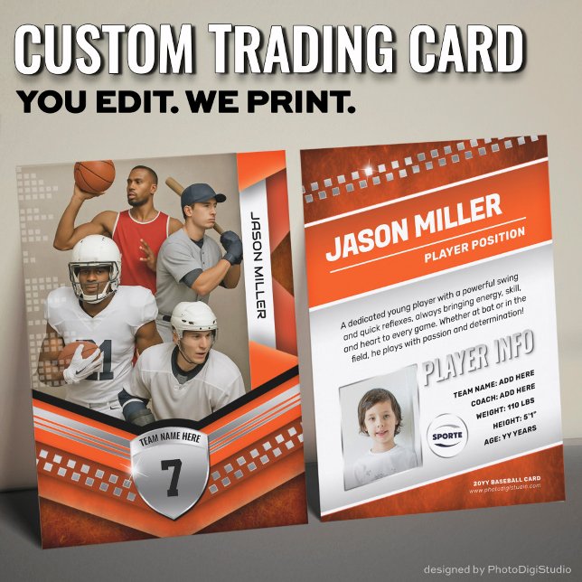 Anpassningsbar Trading Card, Orange Silver Sport T (Custom Trading Card Template, All Sport Trading Card, Modern Orange Silver Design for All Sports)
