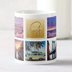 Anpassningsbar Travel Photo Collage Monogram Namn Kaffemugg