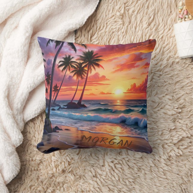 Anpassningsbar Tropical Beach Sunset | Kustkonst Kudde (Filt)